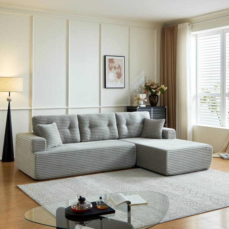 Rossetta Modern Minimalist Style L-Shape Compressed Corduroy Sectional Sofa with Left-Facing Chaise - Light Gray