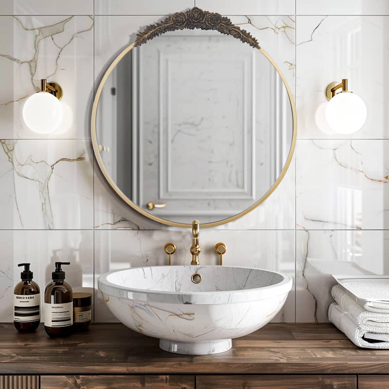 Baroque Style Round Mirror Antique Brass Decorative Wall Art Mirror Metal Frame Top with Resin Rose Pattern