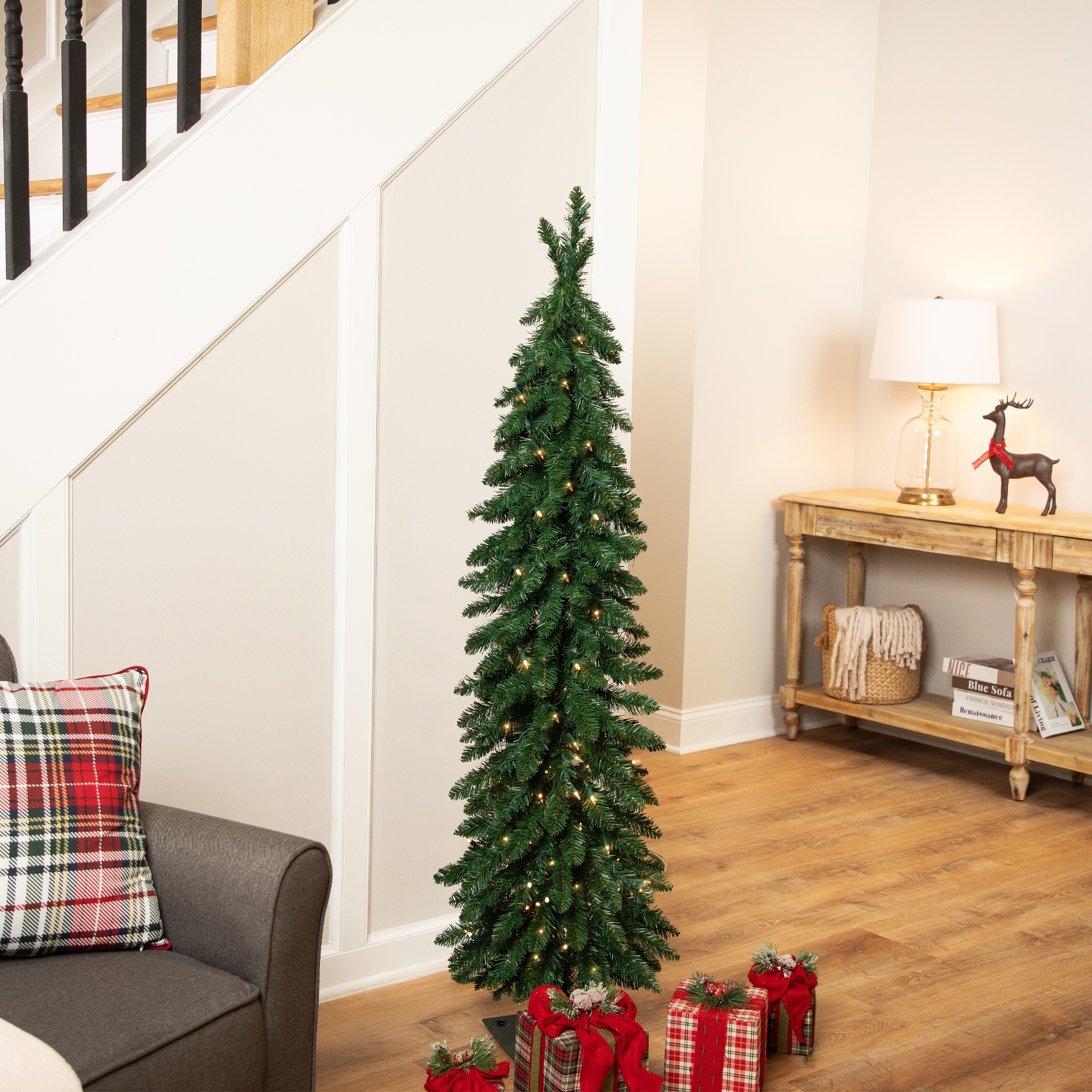 Pre-Lit Pencil Alpine Artificial Christmas Tree - 5' - Clear Lights - 5 Foot