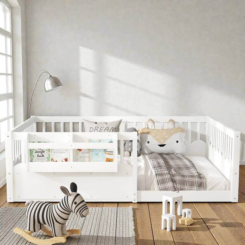 Twin Floor Bed with Heightened Fence and Bookshelf, Wooden Montessori Floor Bed for Kids, Low Profile Design
