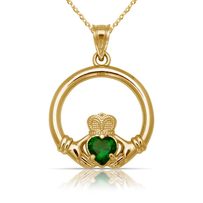 Curata 14K Yellow Gold 18" Green Cubic Zirconia Circle Claddagh Celtic Pendant Necklace Necklace