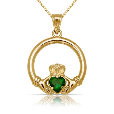 Curata 14K Yellow Gold 18" Green Cubic Zirconia Circle Claddagh Celtic Pendant Necklace Necklace