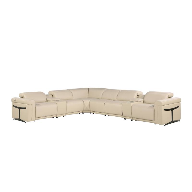 HomeRoots Beige Italian Leather Modular L Shaped Eight Piece Corner Sectional With Console