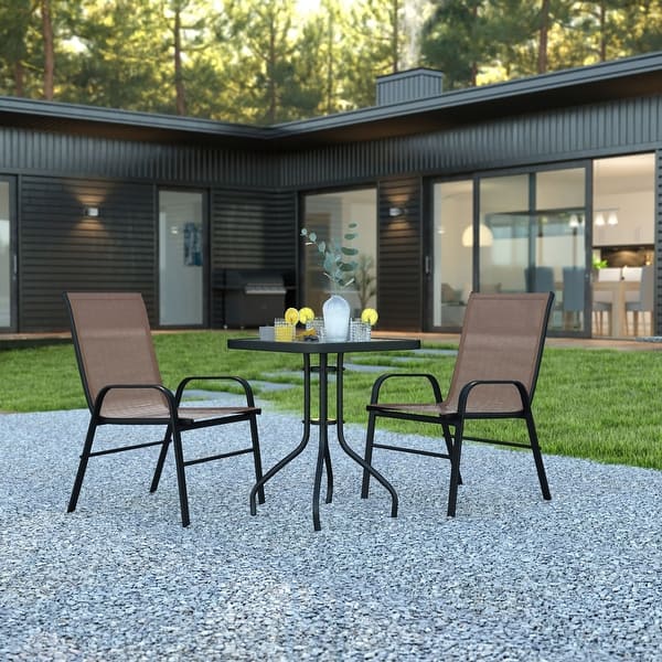 slide 2 of 11, 3 Piece Patio Dining Set - Glass Table, 2 Flex Stack Chairs Brown