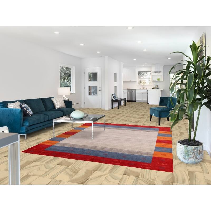 Hand Knotted Oriental 100% Wool Carpet Tribal Bordered Beige & Ivories Gabbeh Area Rug - 7' 11'' X 6' 9''