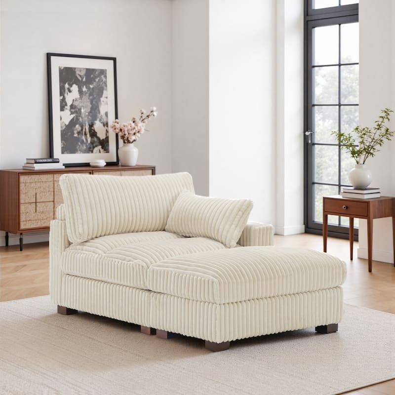 Modren Plush Upholstered Coner Chair and Ottoman Set - White - Right Facing