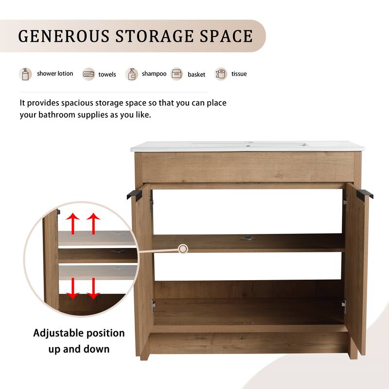 Bathroom Vanity with Ceramic Vessel Sink, Adjustable Shelves, Metal Handles, Soft-Closing Door Hinges - 35.9in L Plywood