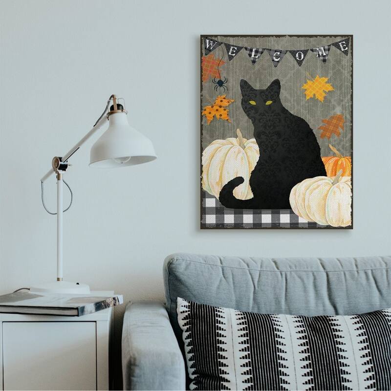 Stupell Halloween Black Cat Welcome Sign Autumn Farmhouse Charm Canvas Wall Art