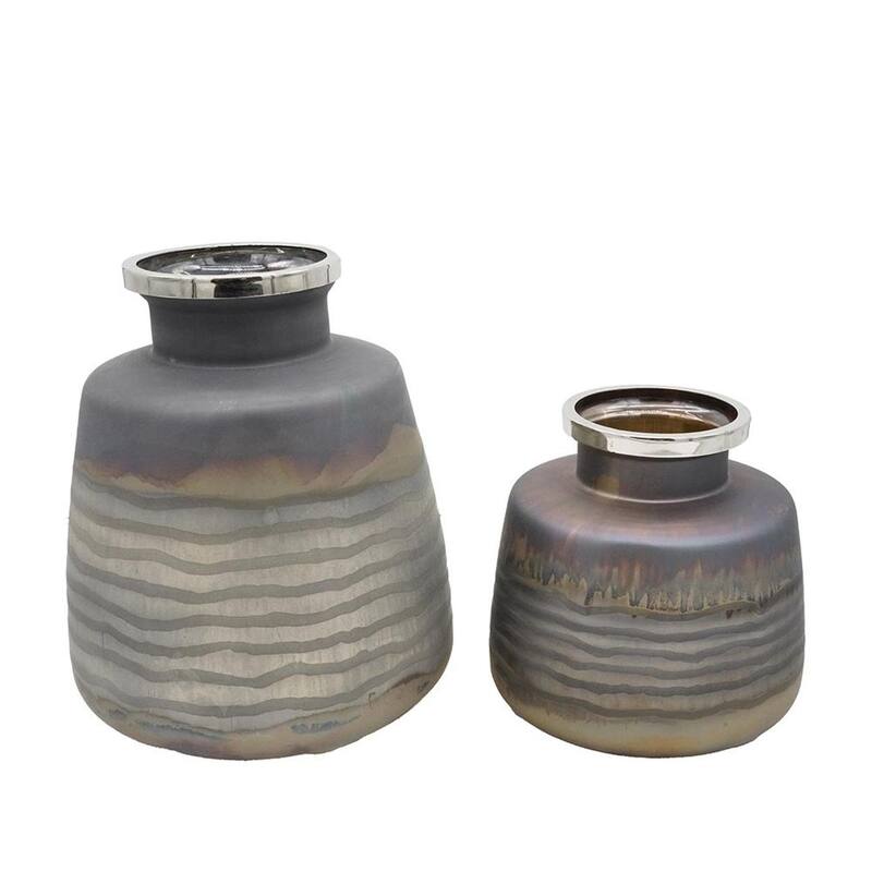 Set of Two Black And Gray Abstract Glass Round Table Vases - 22.50