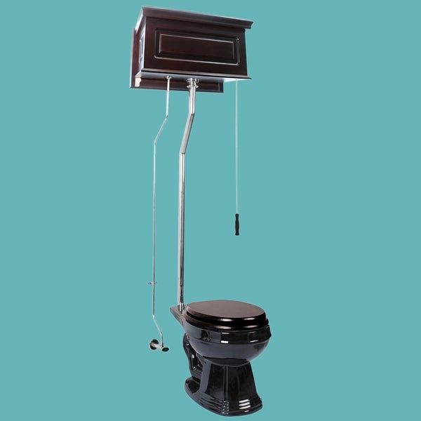 Dark Oak High Tank Pull Chain Toilet Black Round Chrome | Renovator's Supply