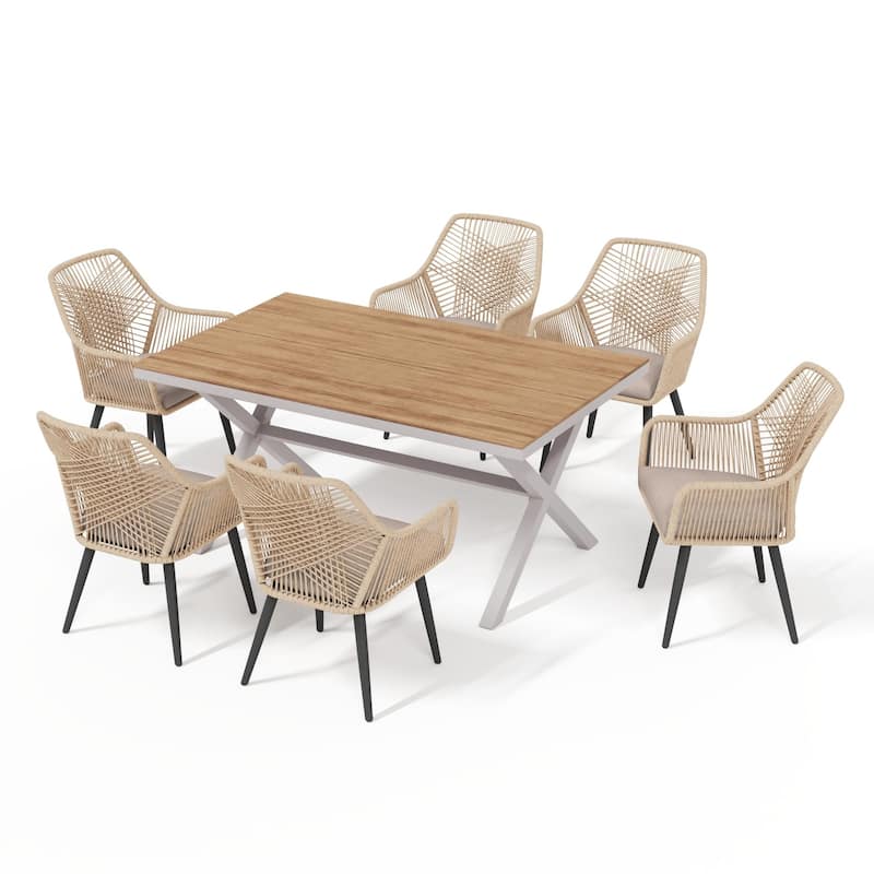 7-Piece Outdoor Dining Set - Iron Frame with Cross Wicker Back Chairs & X-Base Table