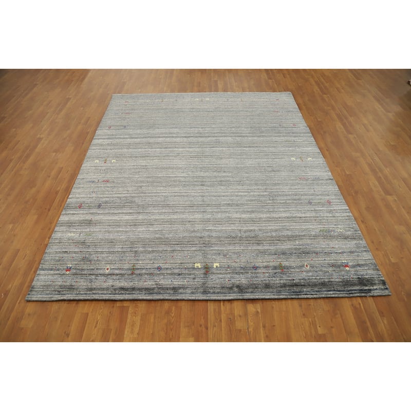 Hand Knotted Oriental Viscose Silk Carpet Tribal Animal Pictorial Greys & Charcoal Gabbeh Area Rug - 9' 10'' X 7' 11''