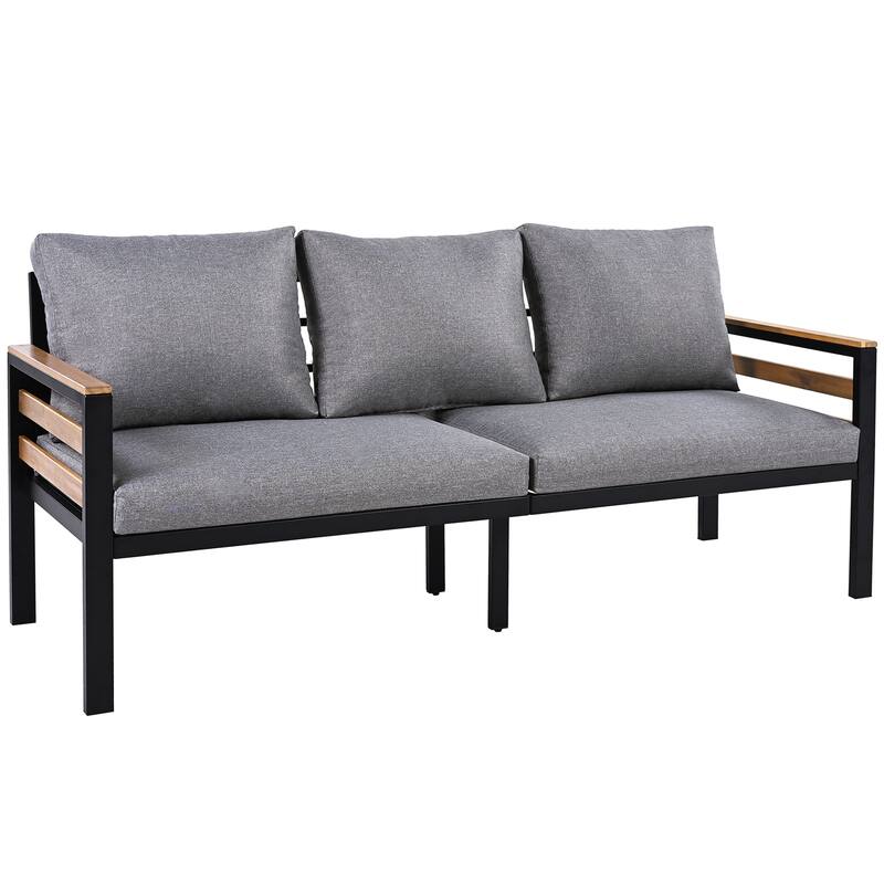 4-Piece Outdoor Iron Cnversation Sofa Set with Solid Wood Coffee Table and Removable Cushion