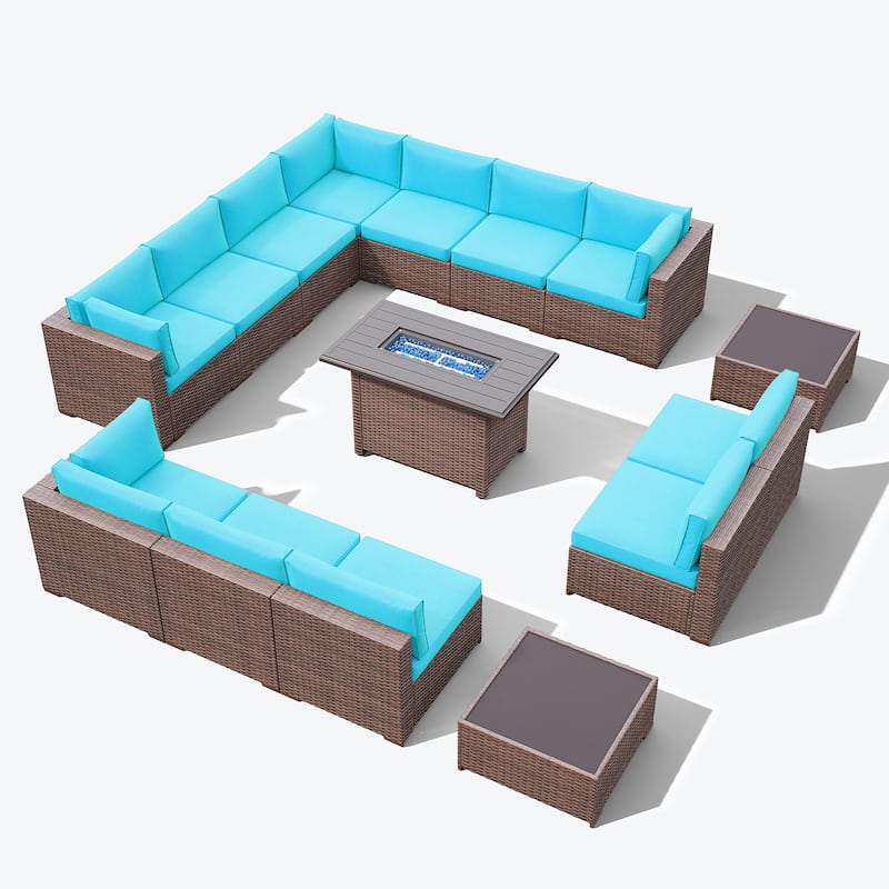 15 Piece Wicker Set Patio Sofa Furniture with Fire Pit And Table