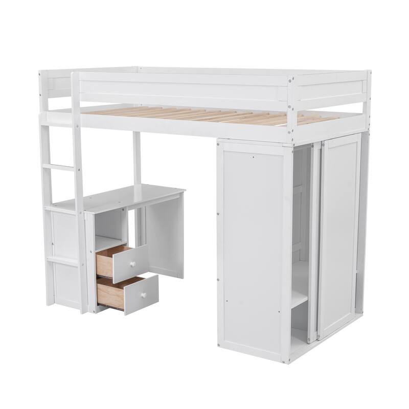 Multi-functional Twin Loft Bed with Built-in Desk, Wardrobe, and Storage Drawers