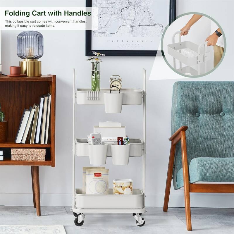 3 Tier Foldable Rolling Cart - 15"D x 17.2"W x 36.6"H
