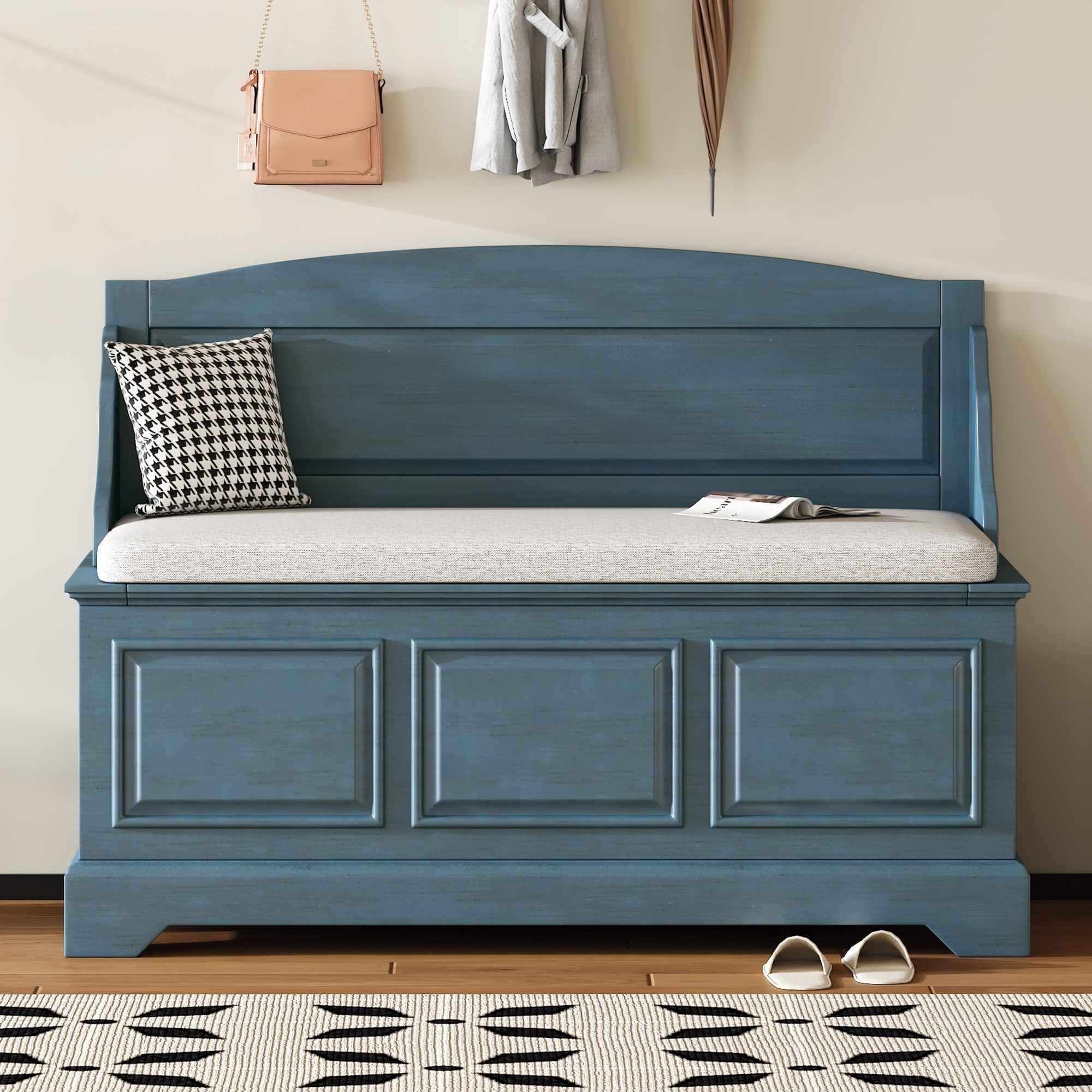 Retro Shoe Storage Bench with Hidden Storage and Cushion for Entryway, Hallway, Living Room