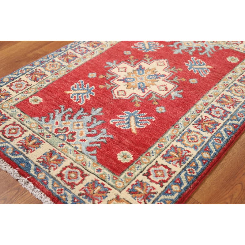 Hand Knotted Oriental 100% Wool Carpet Traditional Geometric Red Kazak Area Rug - 3' 0'' X 2' 0''
