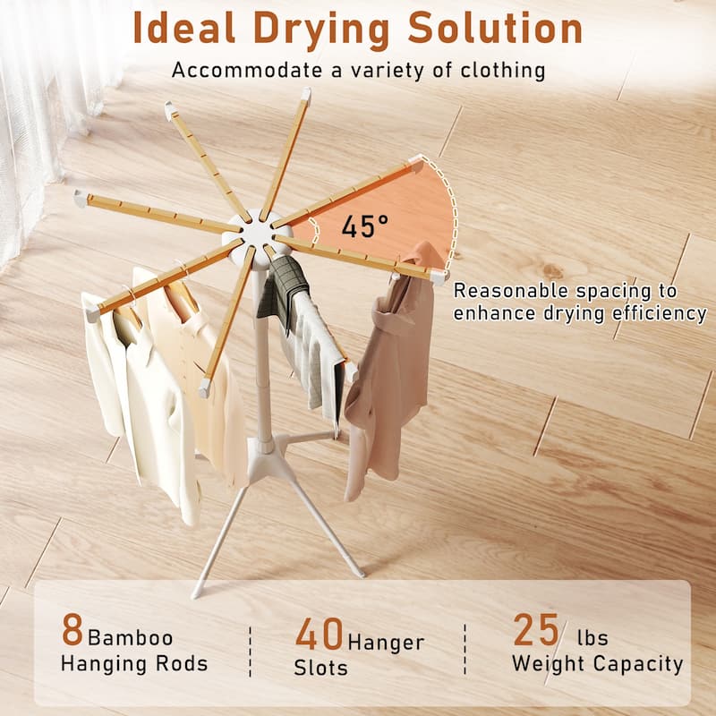 Gymax 4 Legs Clothes Drying Rack w/8 Bamboo Hanging Rods 40 Hanger