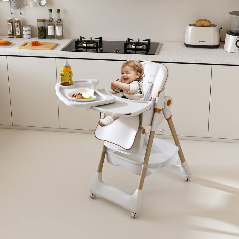 Portable Adjustable Baby High Chair, Infant Feeding Seat with Safety Belt, Silent Lockable Wheels & Easy-Clean, 0-6 Years