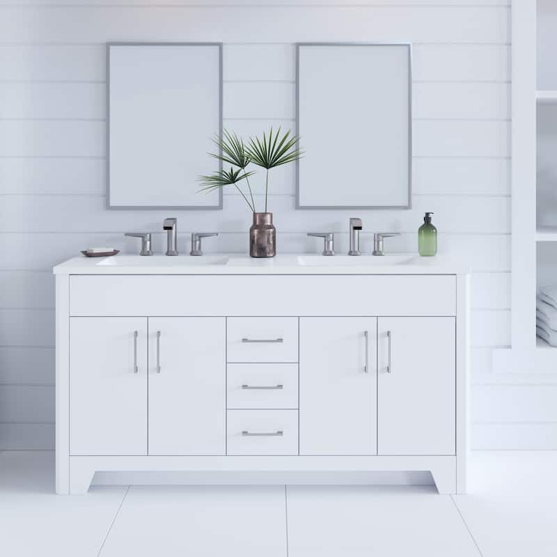 Spring Mill Cabinets Salil 60" Double-Sink Vanity With 2 Cabinets, 3 Drawers, and White Sink Top - White