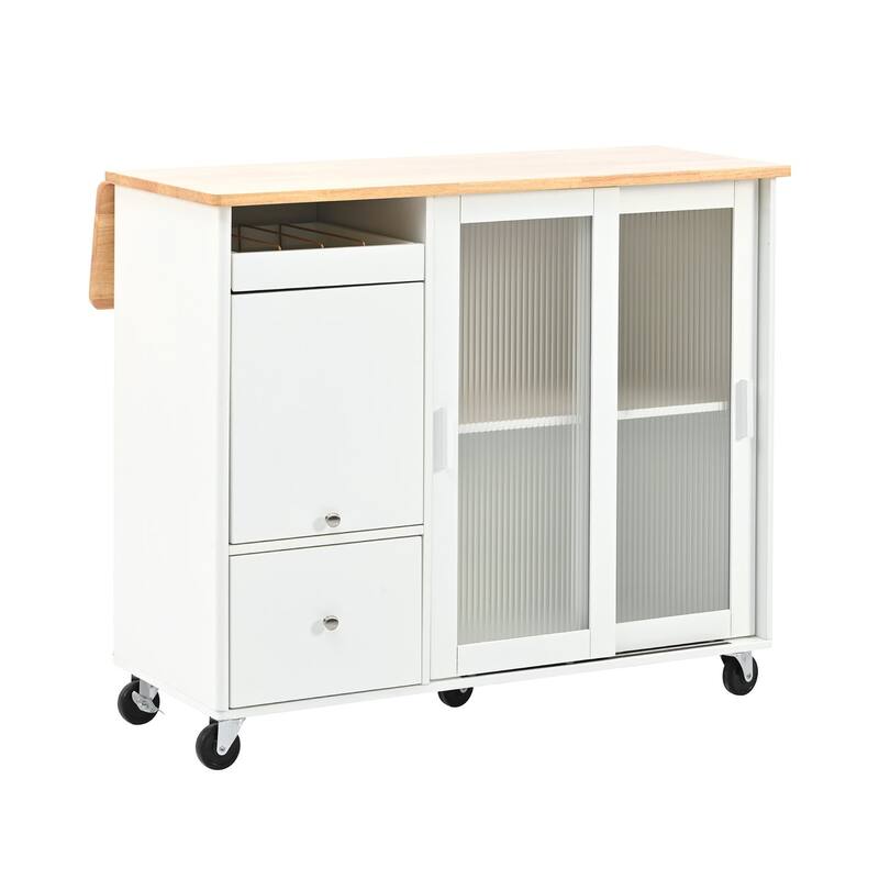 Rubberwood Kitchen Cart with Drop Leaf, Internal Storage Rack, Flip Cabinet Door, and 2 Drawers