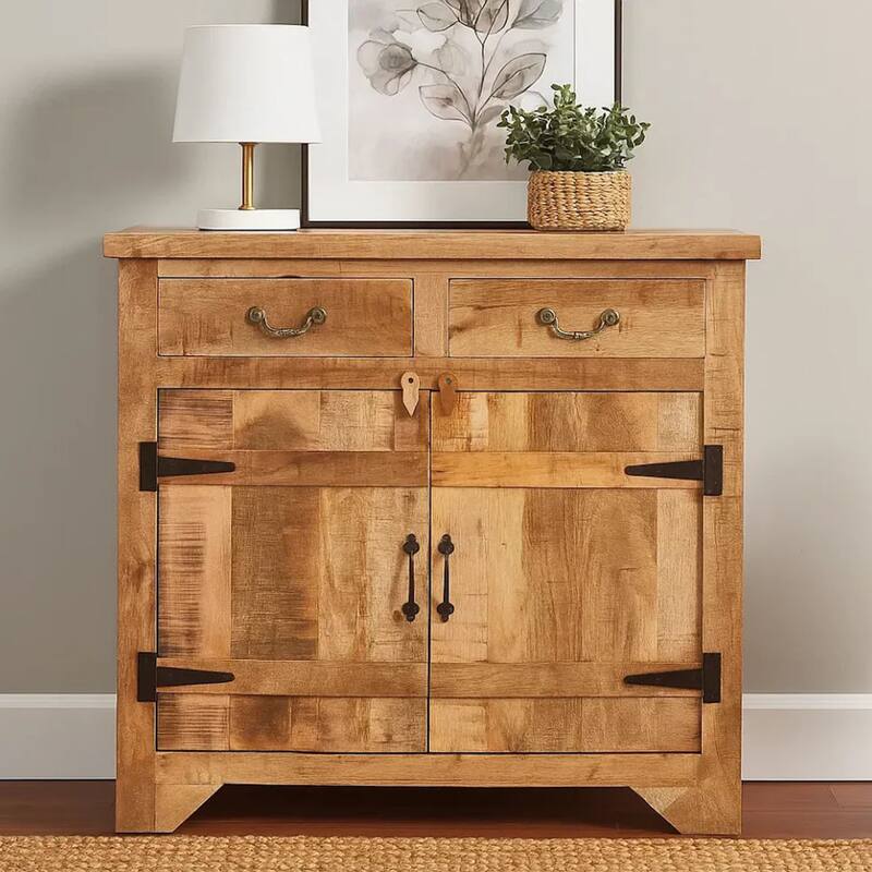 39 Inch Artisanal Farmhouse Style 2 Drawer Mango Wood Cabinet Console with 2 Door Storage Rustic Brown - Brown