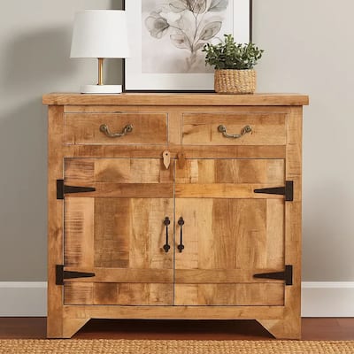 39 Inch Artisanal Farmhouse Style 2 Drawer Mango Wood Cabinet Console with 2 Door Storage Rustic Brown