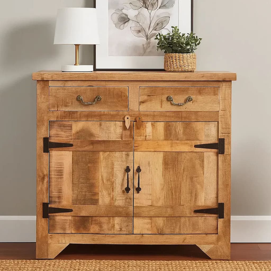 39 Inch Artisanal Farmhouse Style 2 Drawer Mango Wood Cabinet Console with 2 Door Storage Rustic Brown