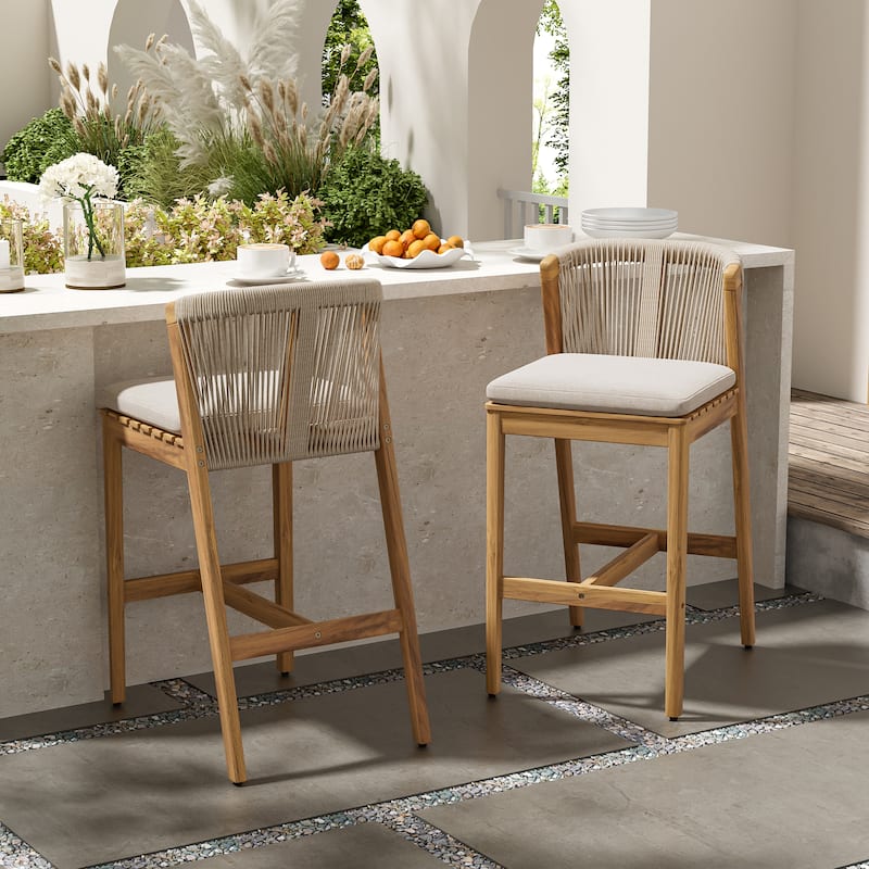 Christopher Knight Home - Louie Outdoor Charm Acacia Wood Rope-Weave Barstool Set with Cushions