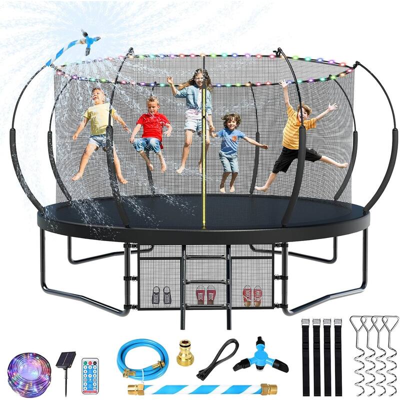 14FT Trampoline for Kids and Adults, Outdoor Trampolines with Curved Fiberglass Rods - Black - 14FT