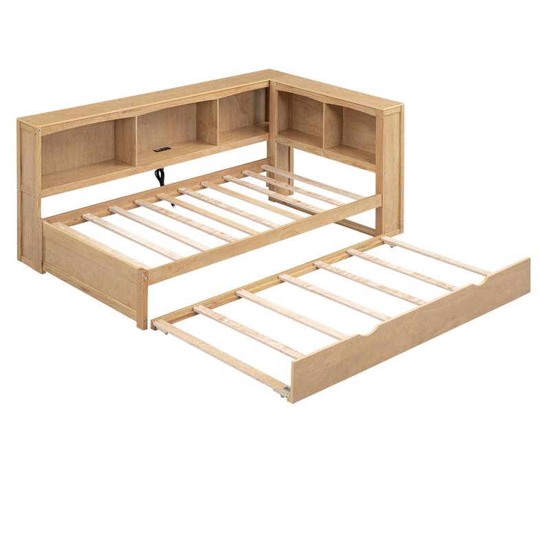 Twin Daybed with 5 Storage Cabinets, USB Ports, and Trundle - Durable Pine Wood Frame