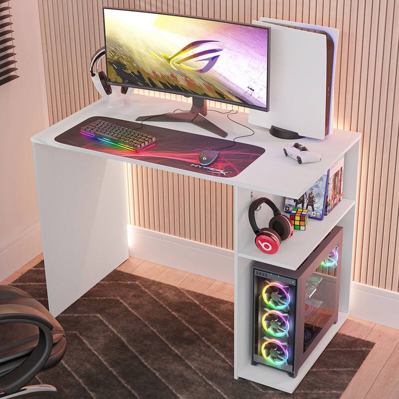 Madesa Gaming Computer Desk with 2 Shelves, Cable Management and Large Monitor Stand, Wood, 21" D x 39" W x 30" H - White