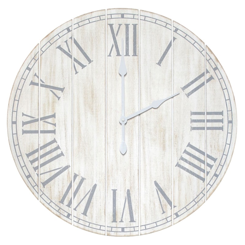 Country Rustic Coastal Round Wooden Wall Clock - 23" - White