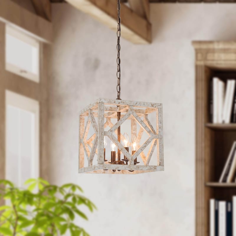 Farmhouse 4-Light Distressed Wood Chandelier for Dining Room - L12"x W12"x H14"