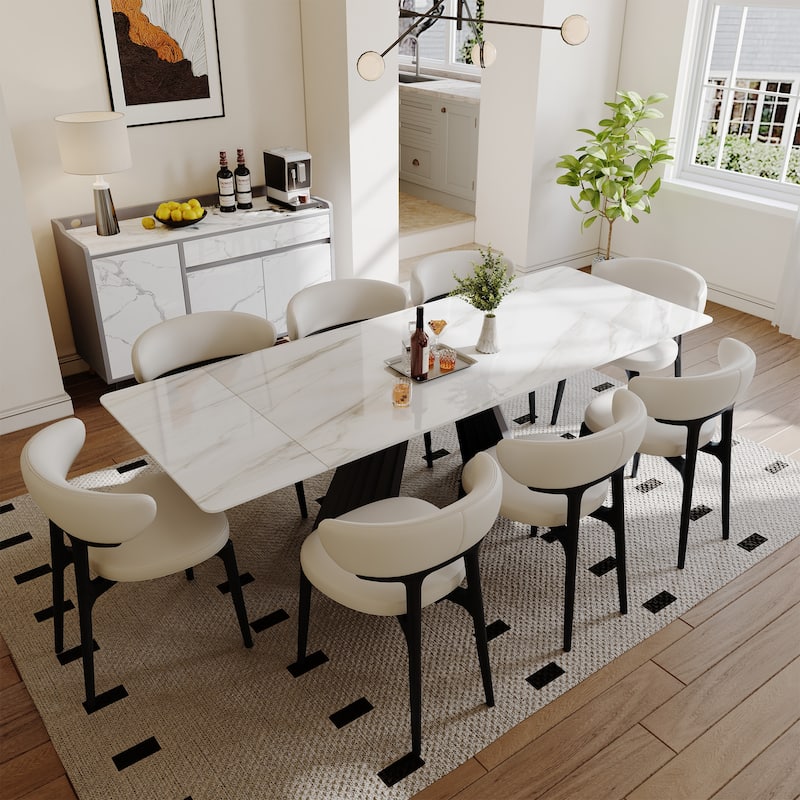 63-95" Extendable Modern Dining Table for 6-10, White Glossy Sintered Stone Tabletop
