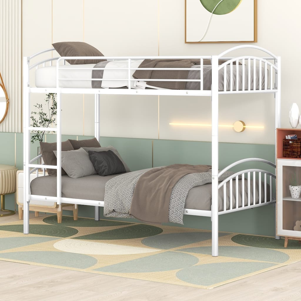 Convertible Twin Over Twin Metal Bunk Bed, White, Space-Saving Design