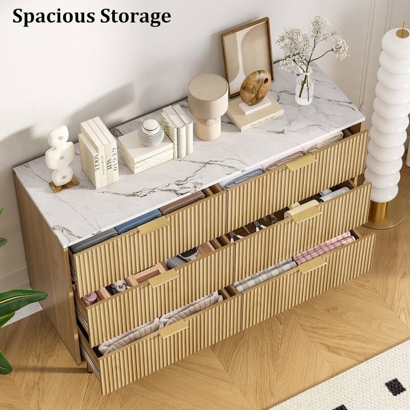 Fluted 6 Drawer Deep Dresser for Bedroom, Living Room, Hallway, Kids Room