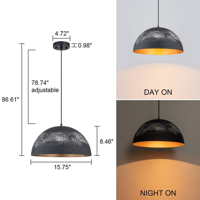 Industrial 1-Light Antique Black and White Hammered Dome Pendant Light For Kitchen Island - 15.8 in.