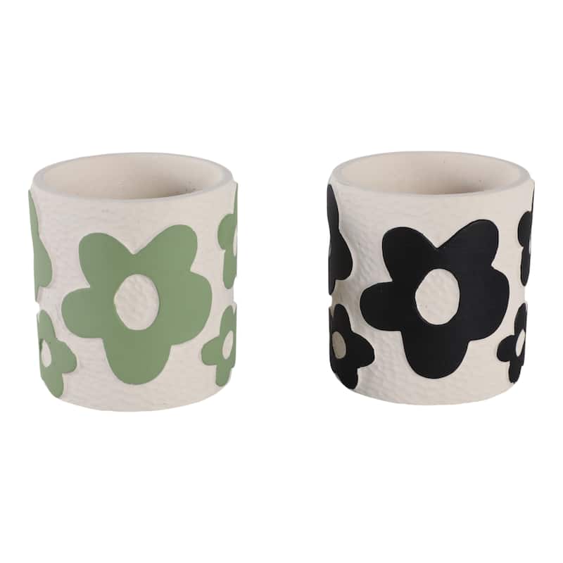 Decorative Flower Pencil Cups Storage - Set of 2, 4", Green & Black - 4.0"