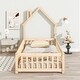 preview thumbnail 3 of 8, Natural Twin Size Pine Wood House-Shaped Headboard Floor Bed with Fence for Kids, Boys and Girls
