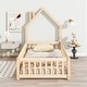 preview thumbnail 3 of 8, Natural Twin Size Pine Wood House-Shaped Headboard Floor Bed with Fence for Kids