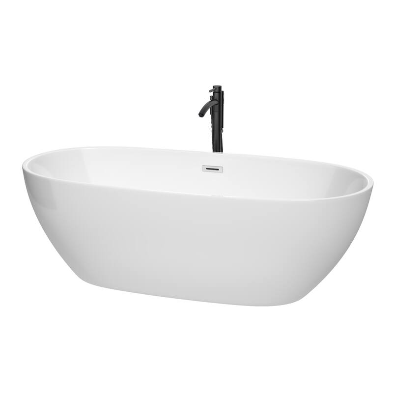 Wyndham Collection Juno 71" Freestanding Soaking Tub with Tub Filler - White / Polished Chrome Trim / Matte Black Faucet