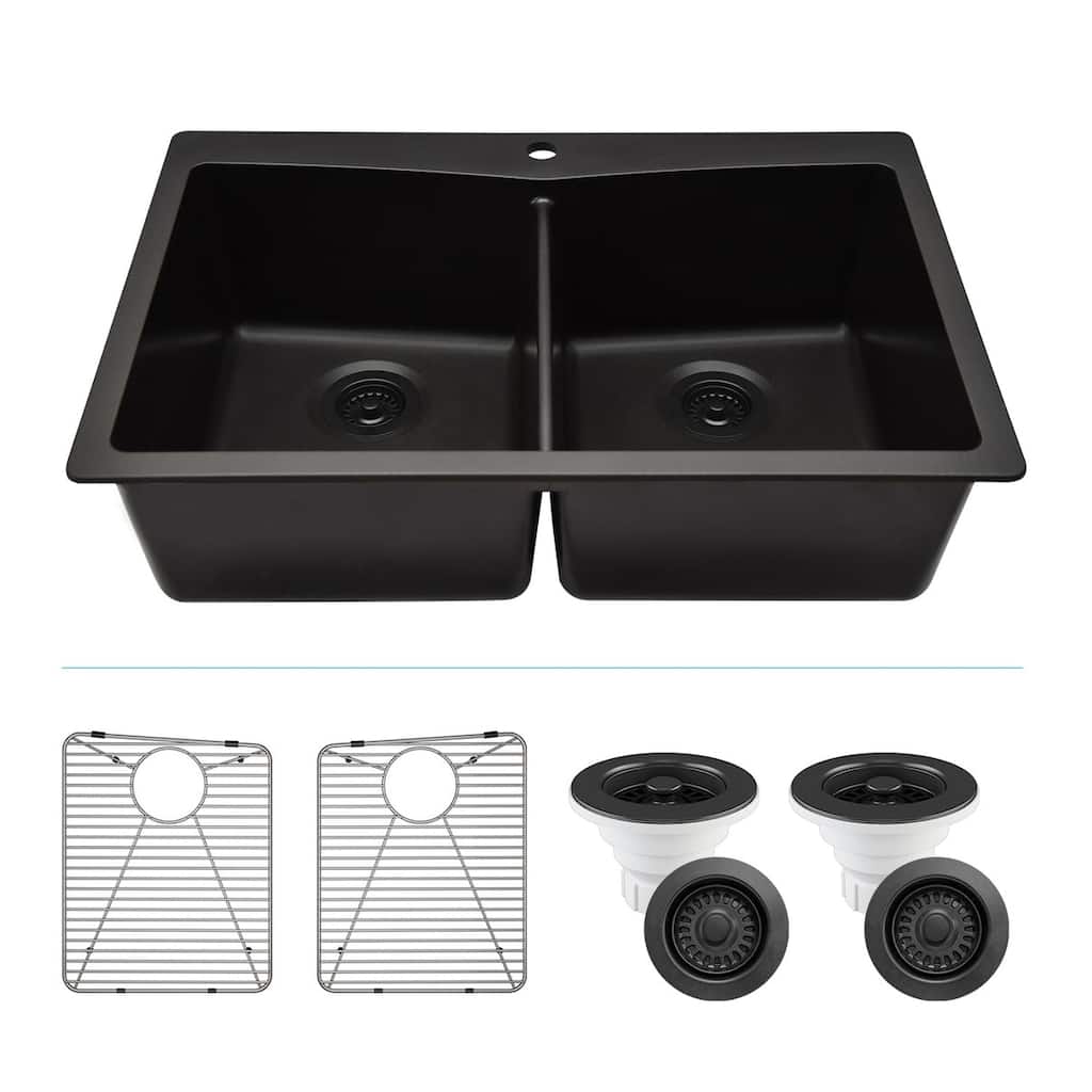 Lexicon Platinum Quartz 33 Inch Double Equal Bowl Undermount Kitchen Sink with Bottom Grids and Strainers , Disposal Flange