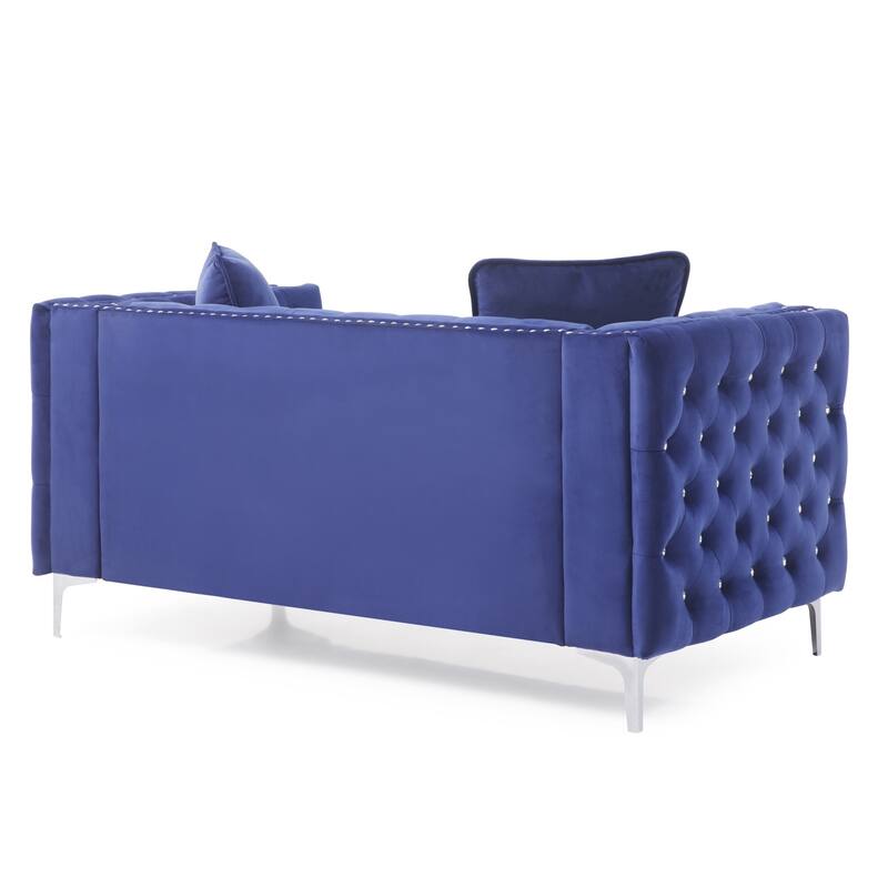 Tufted Diamond Button Velvet Loveseat with Throw Pillows - 63" - Blue