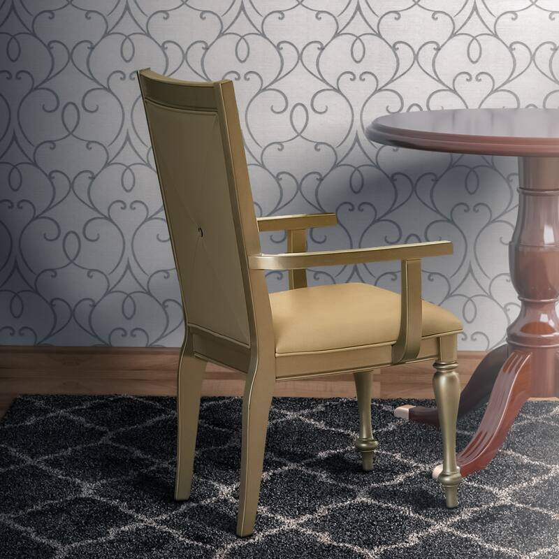 Wooden Arm Chair with Crystal Tufted Leatherette Backrest, Gold