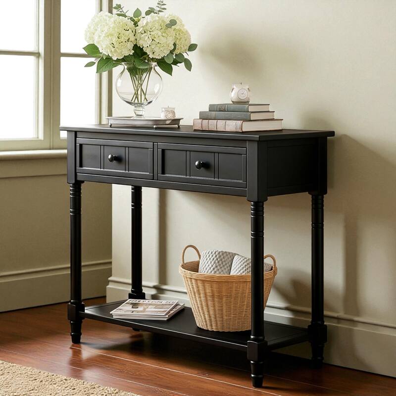 Daisy Series Traditional Console Table with 2 Drawers and Bottom Shelf, Solid Pine Wood Entryway Accent Table - Black