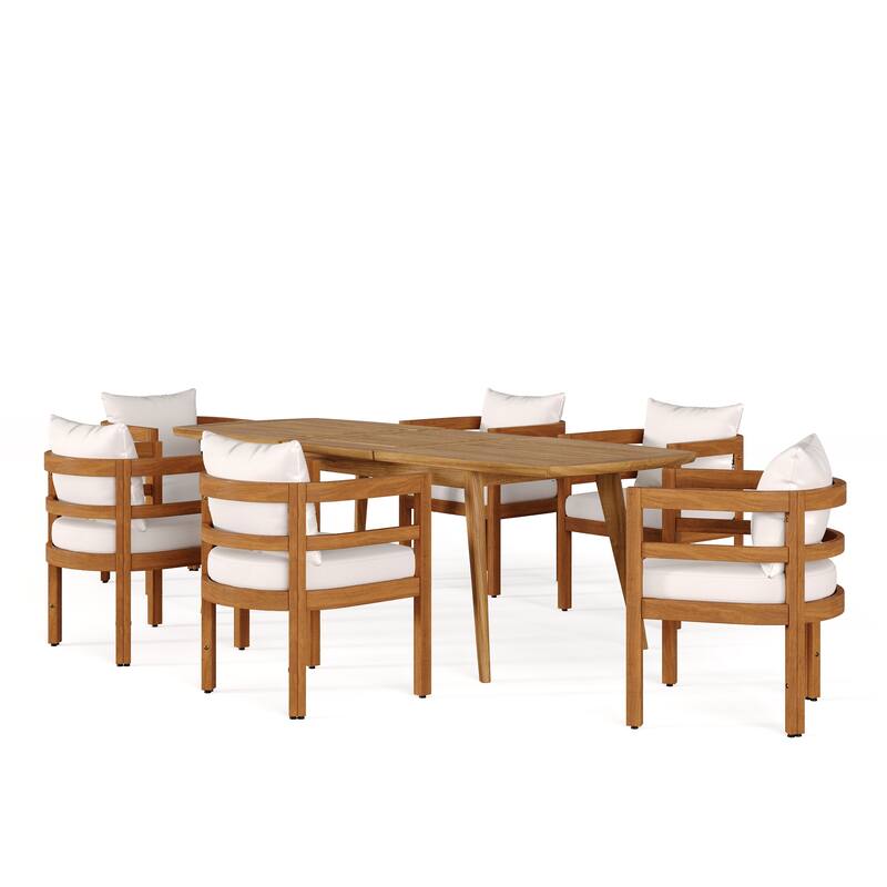 Christopher Knight Home - Raventon Outdoor Acacia Wood Extendable 7-Piece Patio Dining Set with Cushioned Chairs