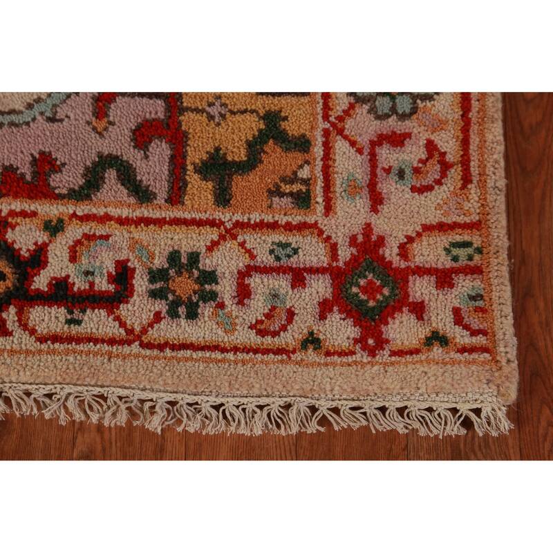 Hand Knotted Oriental 100% Wool Carpet Traditional Geometric Beige & Ivories Heriz (serapi) Runner Rug - 8' 1'' X 2' 7''