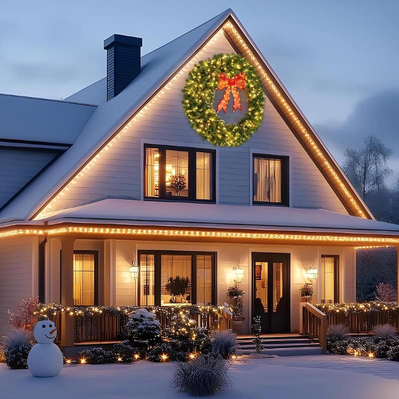 Pre-Lit Christmas Wreath with Bow for Indoor Outdoor Holiday Party